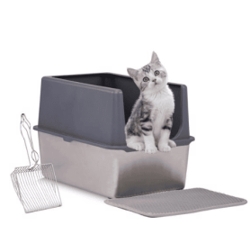 LARGE 60X40X41CM STAINLESS STEEL UPPER AND LOWER SNAP TYPE RECTANGULAR MAT WITH SHOVEL MAT GREY CAT LITTER BOX (Option: Cat litter box)