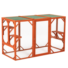 Wooden Cat House, Outdoor Cat Cage With Waterproof Asphalt Board And Cat Habitat, Orange (Color: Orange)