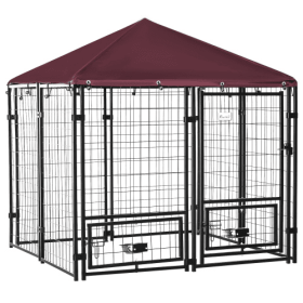 Outdoor Kennel With Rotating Bowl Rack, Walk-in Pet Playpen, Welded Wire Steel Dog Pen, With Waterproof And UV Resistant Awning (Option: Black and red)